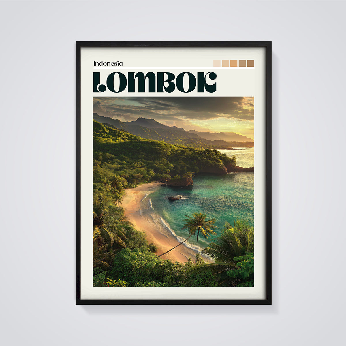 Lombok Sunset Beach Print framed in black on a grey background