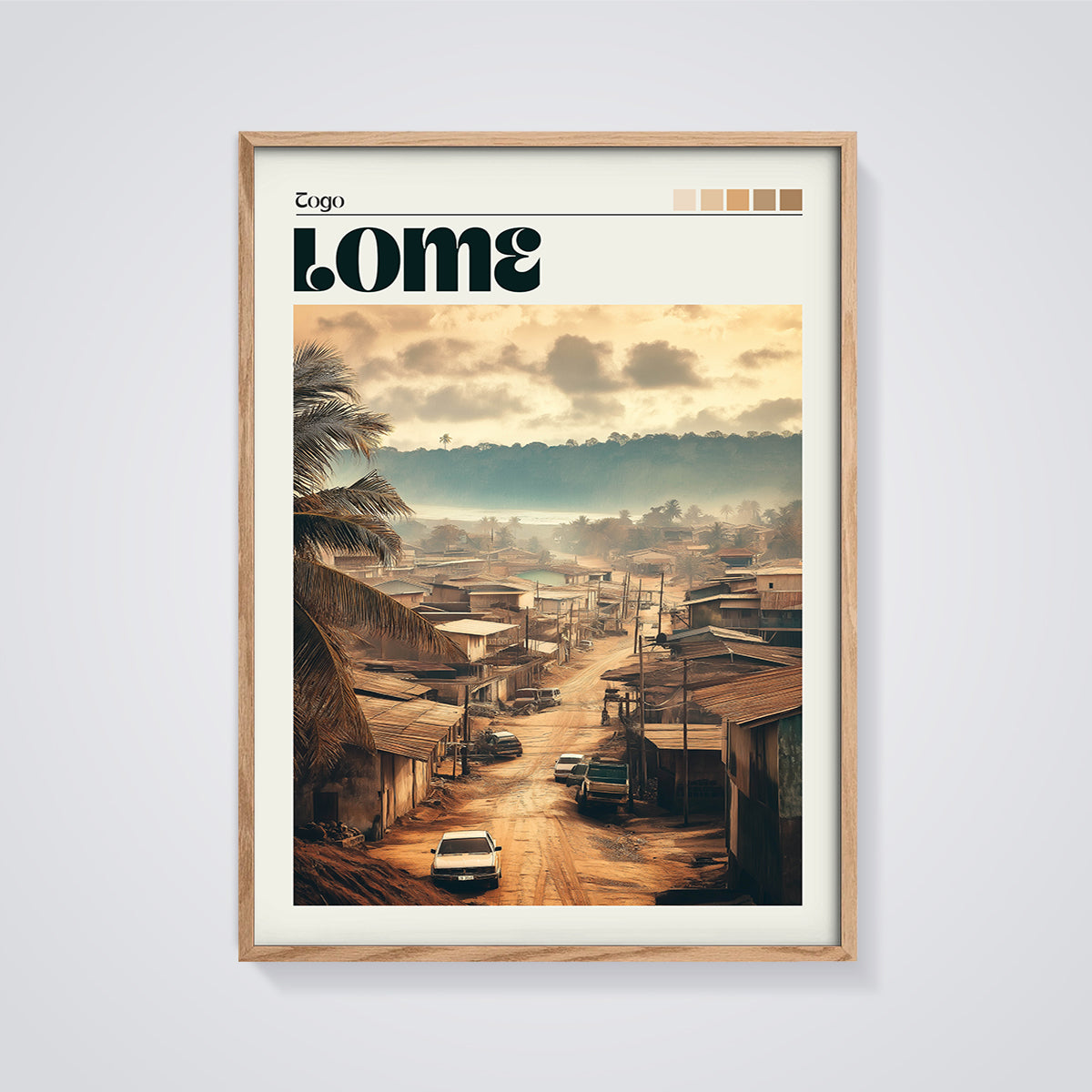 Lomé Togo Coastal City Print framed in oak on a grey background