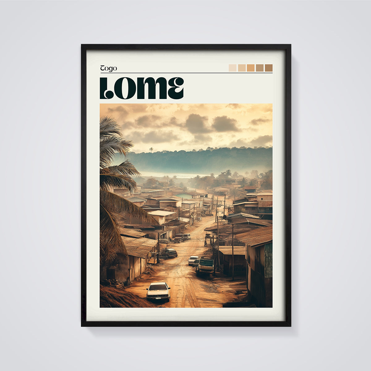 Lomé Togo Coastal City Print framed in black on a grey background