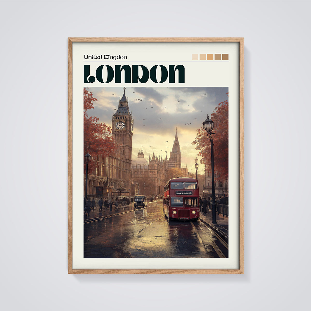 London Double Decker Big Ben Print framed in oak on a grey background