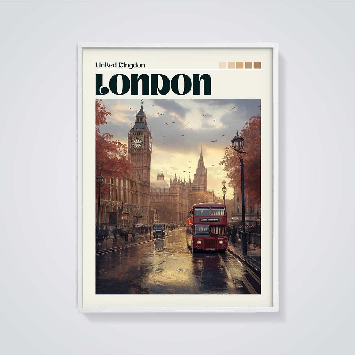 London Double Decker Big Ben Print framed in white on a grey background