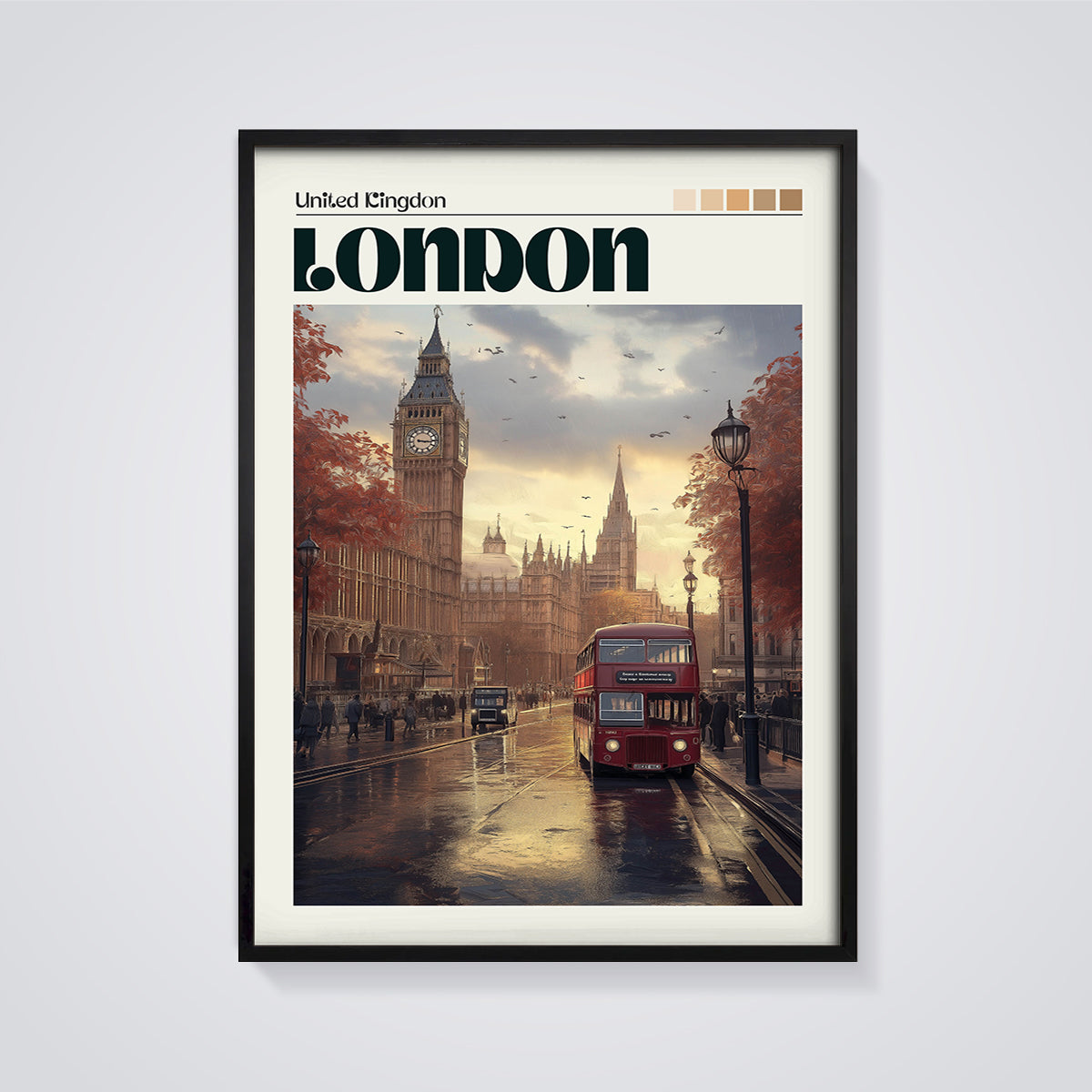 London Double Decker Big Ben Print framed in black on a grey background