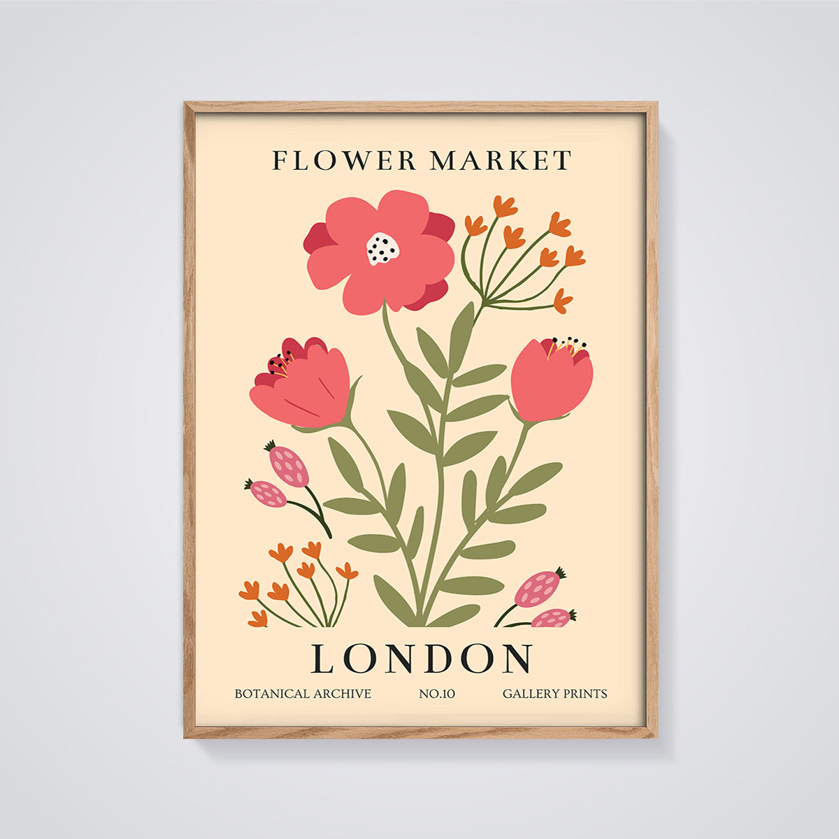 London Flower Market Floral Print framed in oak on a grey background