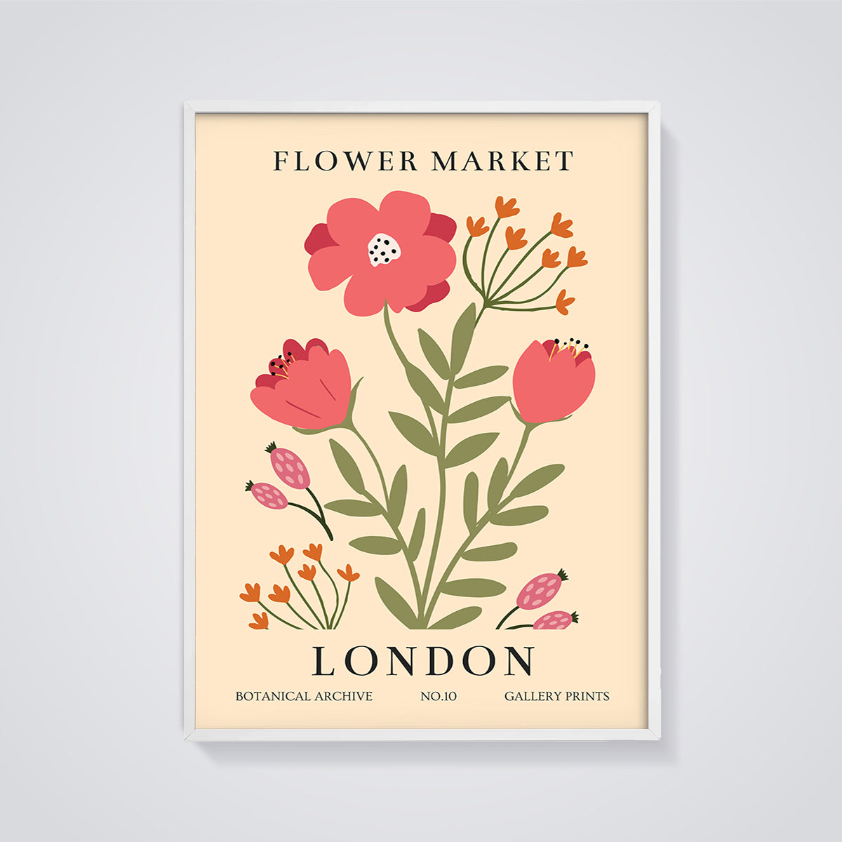 London Flower Market Floral Print framed in white on a grey background
