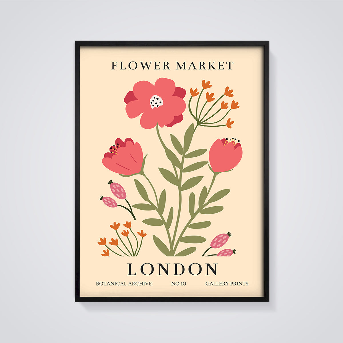 London Flower Market Floral Print framed in black on a grey background