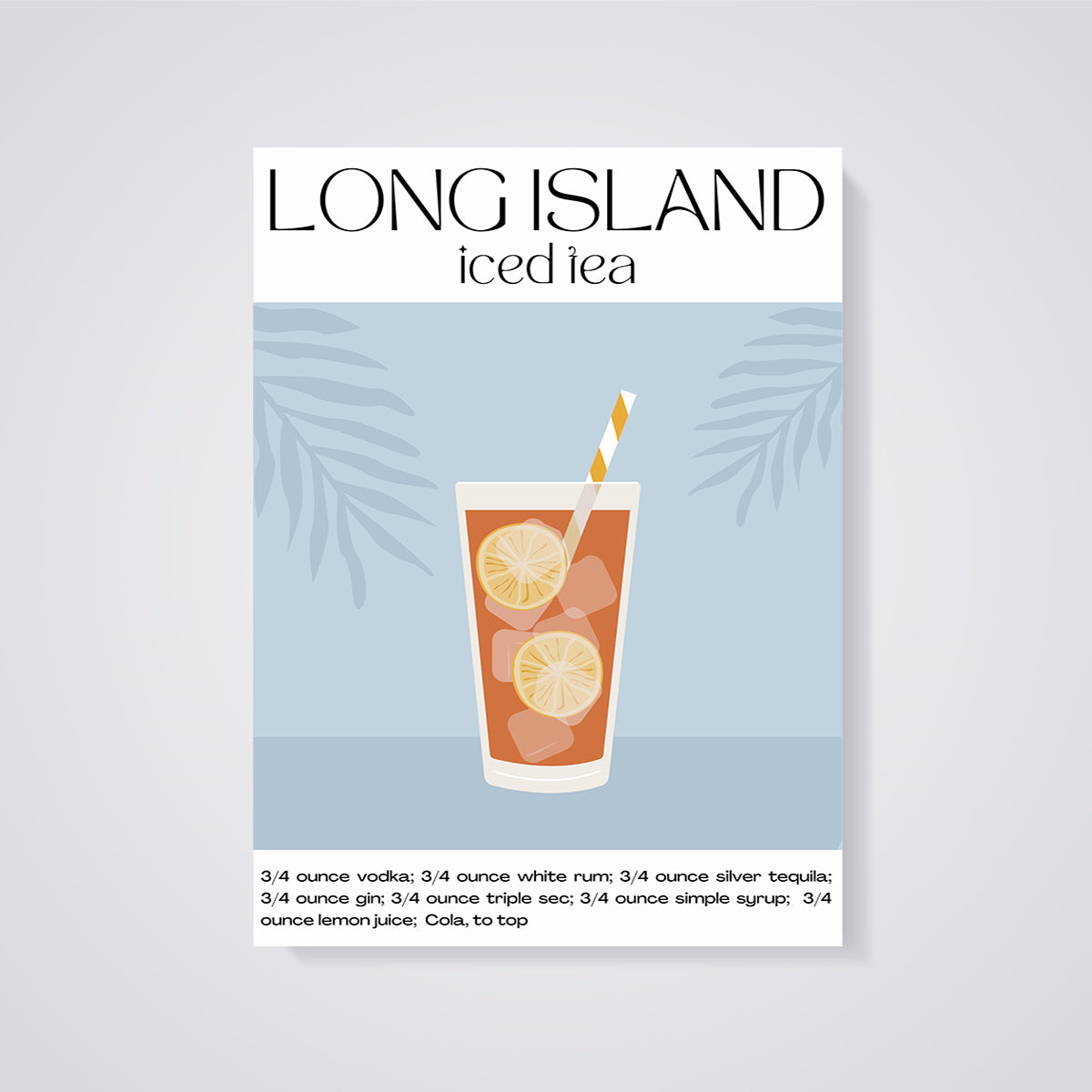 Long Island Iced Tea Cocktail Recipe Print unframed on a grey background