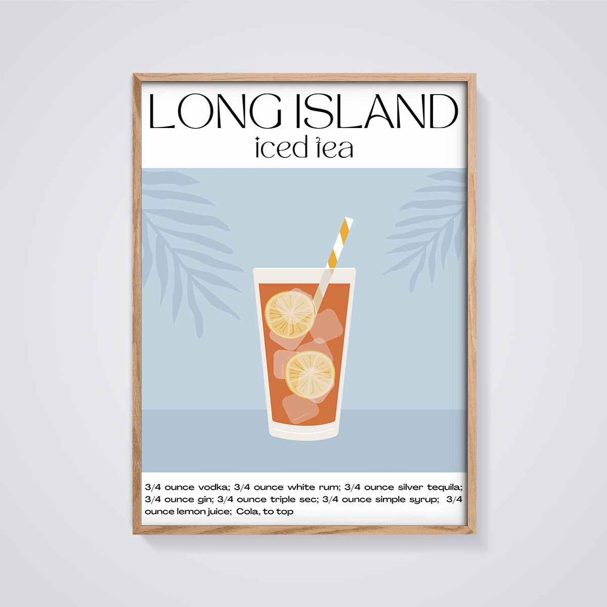 Long Island Iced Tea Cocktail Recipe Print framed in oak on a grey background