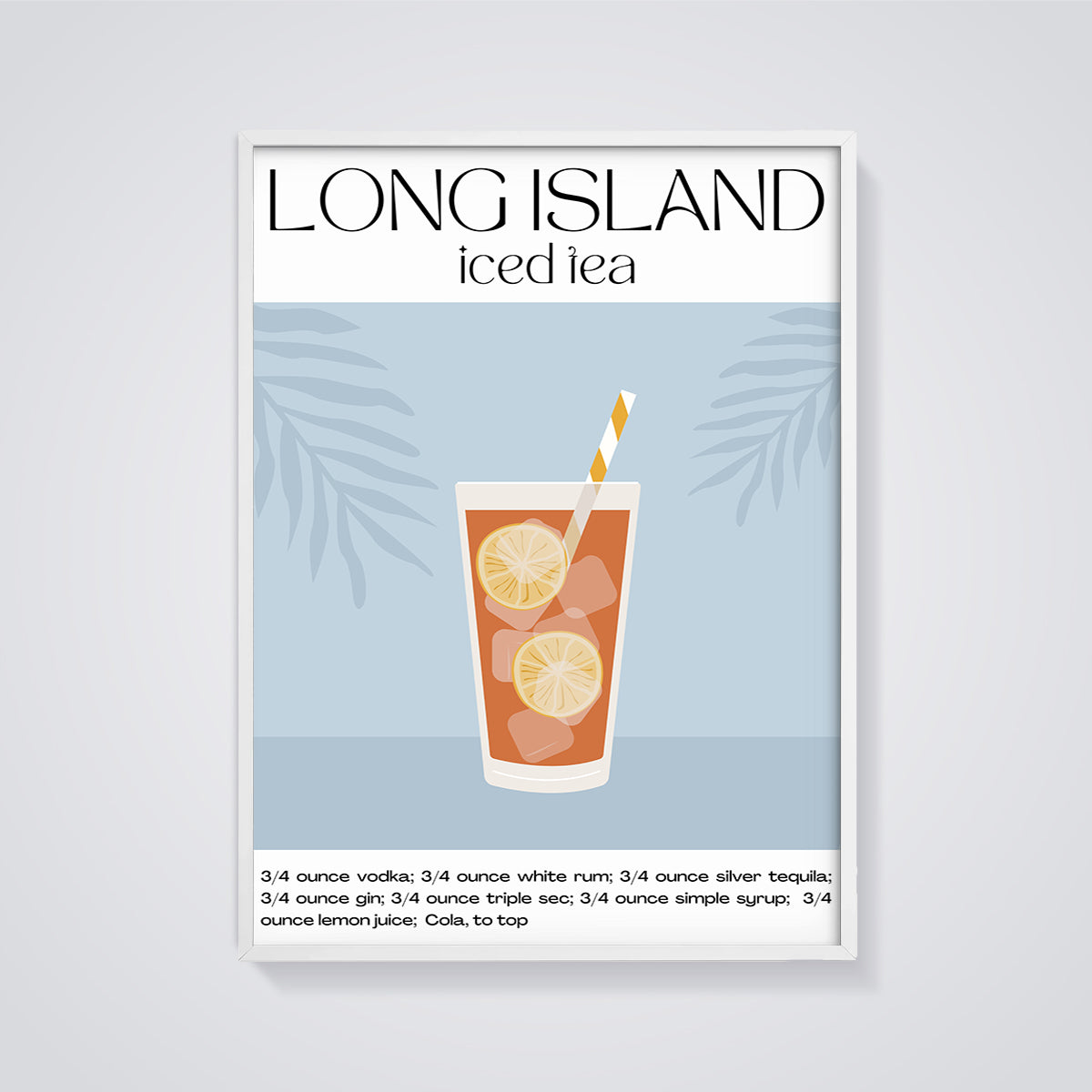 Long Island Iced Tea Cocktail Recipe Print framed in white on a grey background