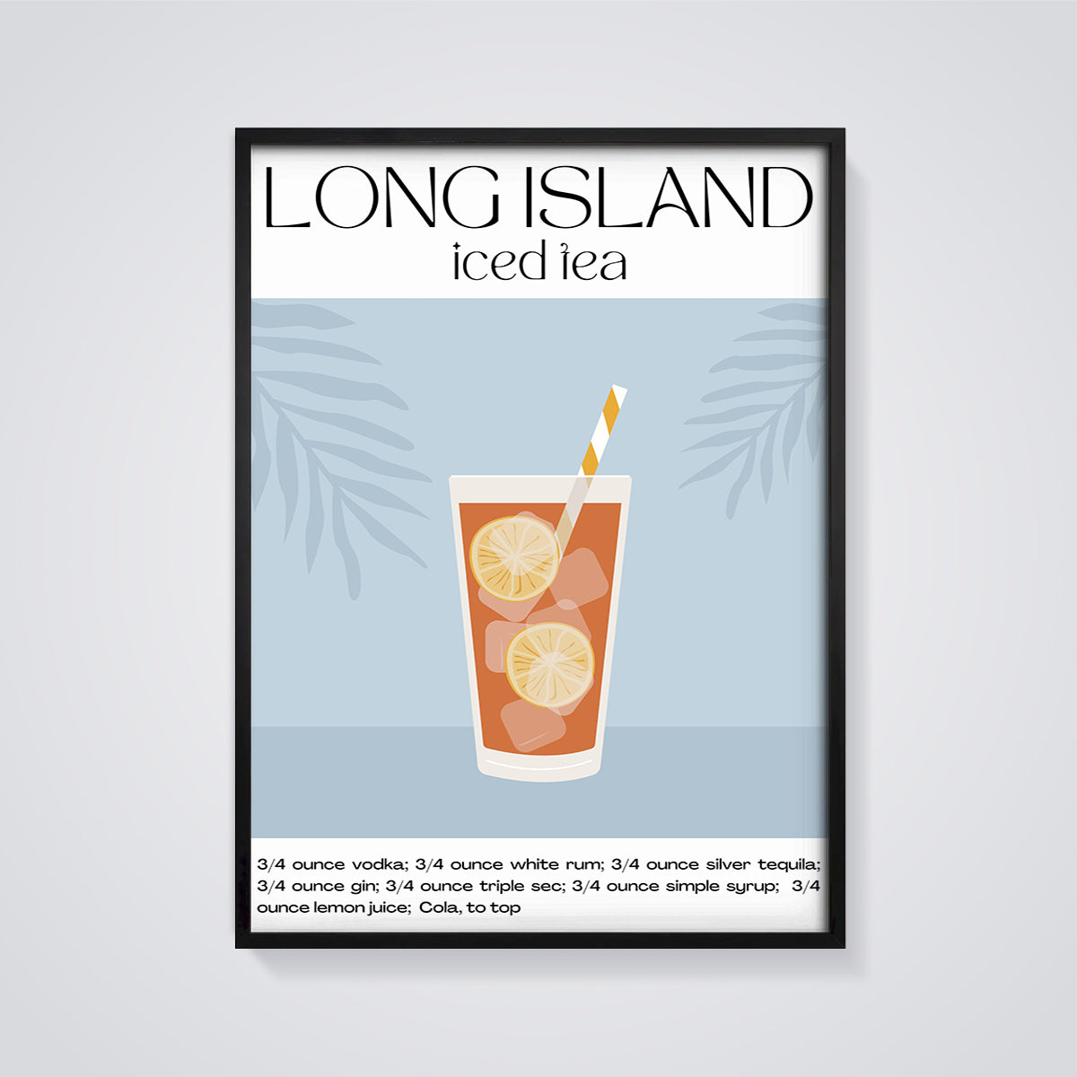 Long Island Iced Tea Cocktail Recipe Print framed in black on a grey background