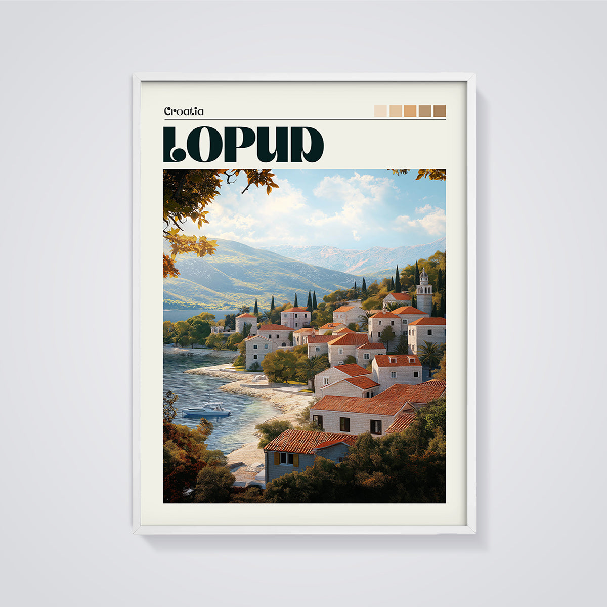 Lopud Coastal Village Print framed in white on a grey background