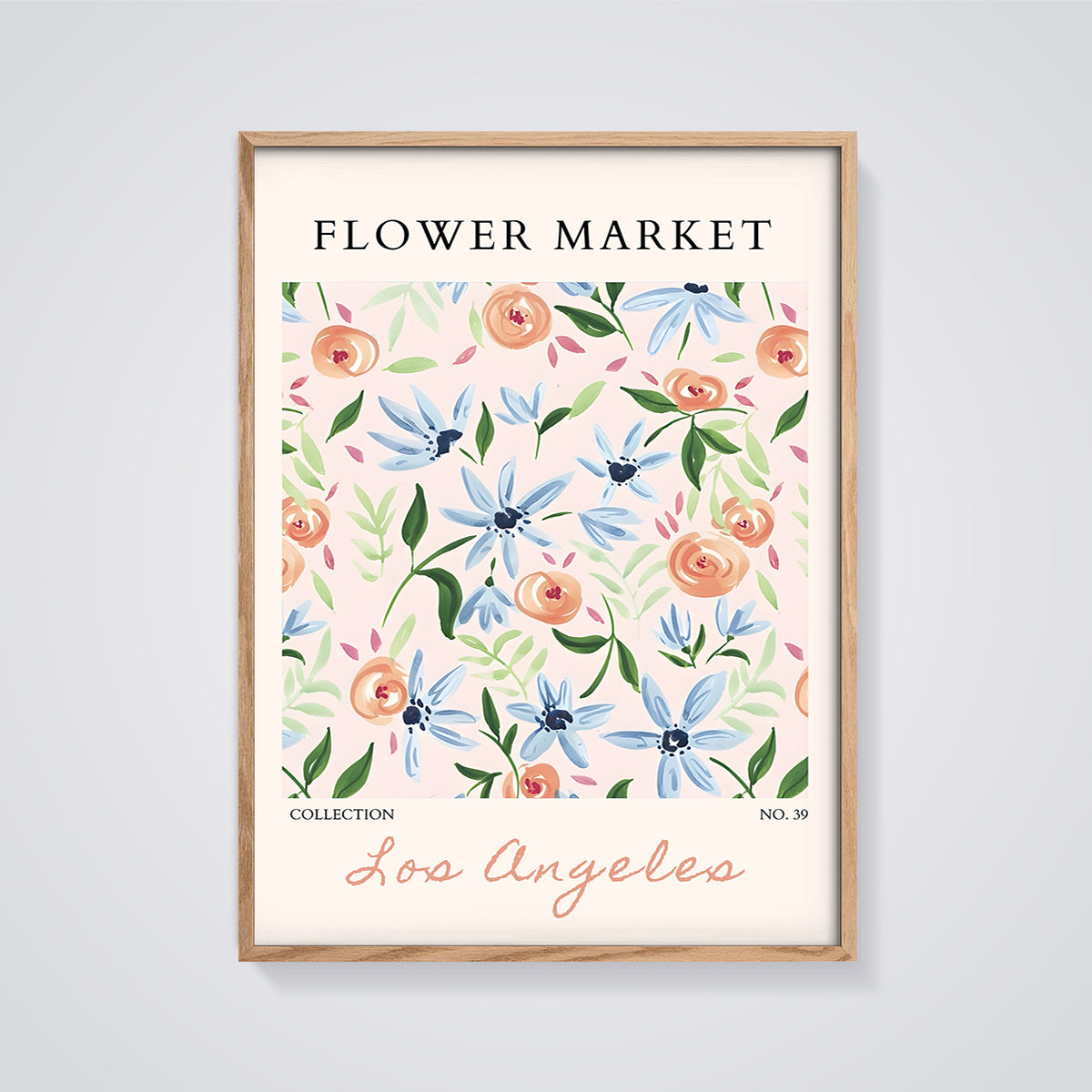 Los Angeles Flower Market Floral Print framed in oak on a grey background