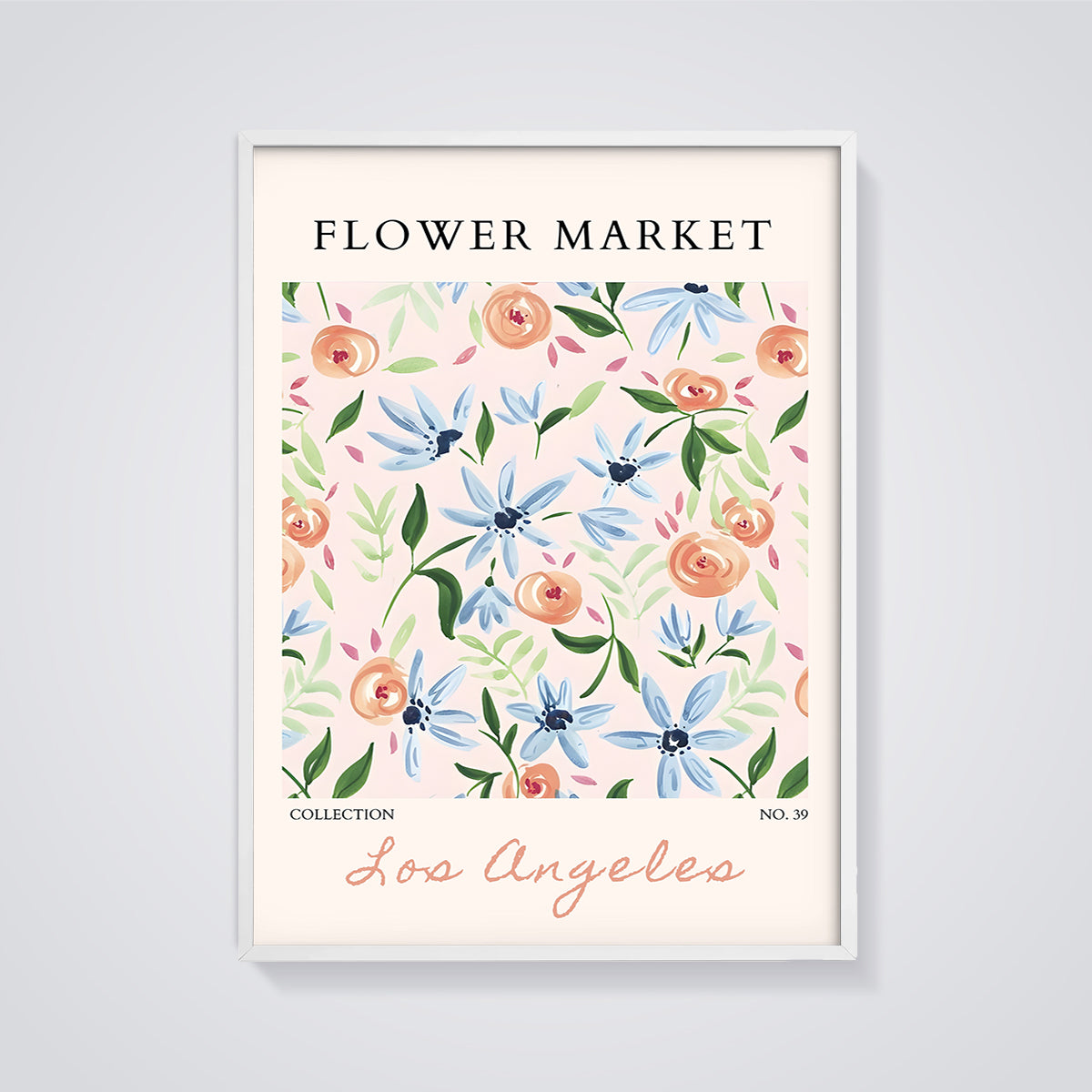 Los Angeles Flower Market Floral Print framed in white on a grey background