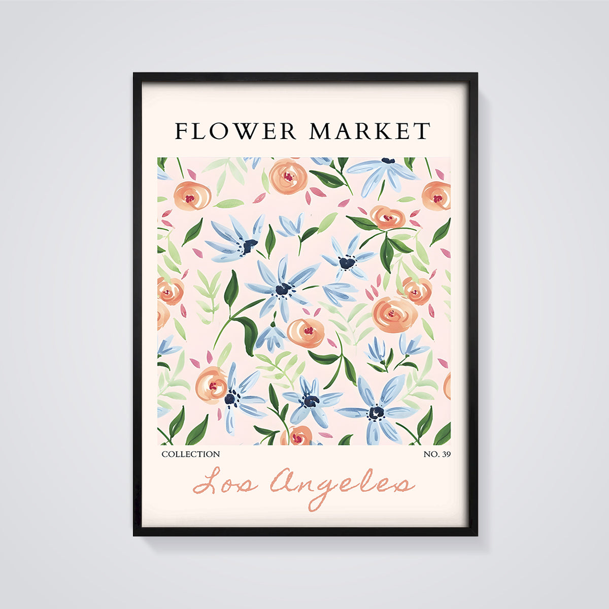 Los Angeles Flower Market Floral Print framed in black on a grey background