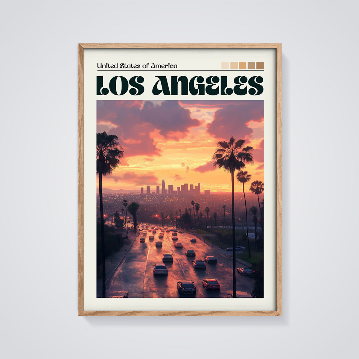 Los Angeles Sunset City Print framed in oak on a grey background