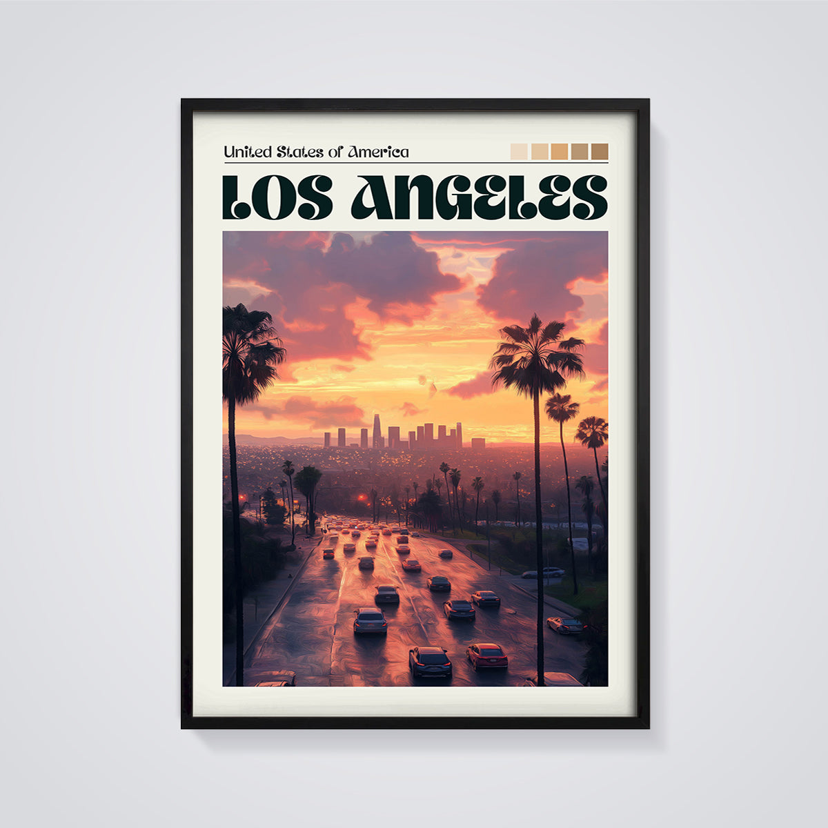 Los Angeles Sunset City Print framed in black on a grey background