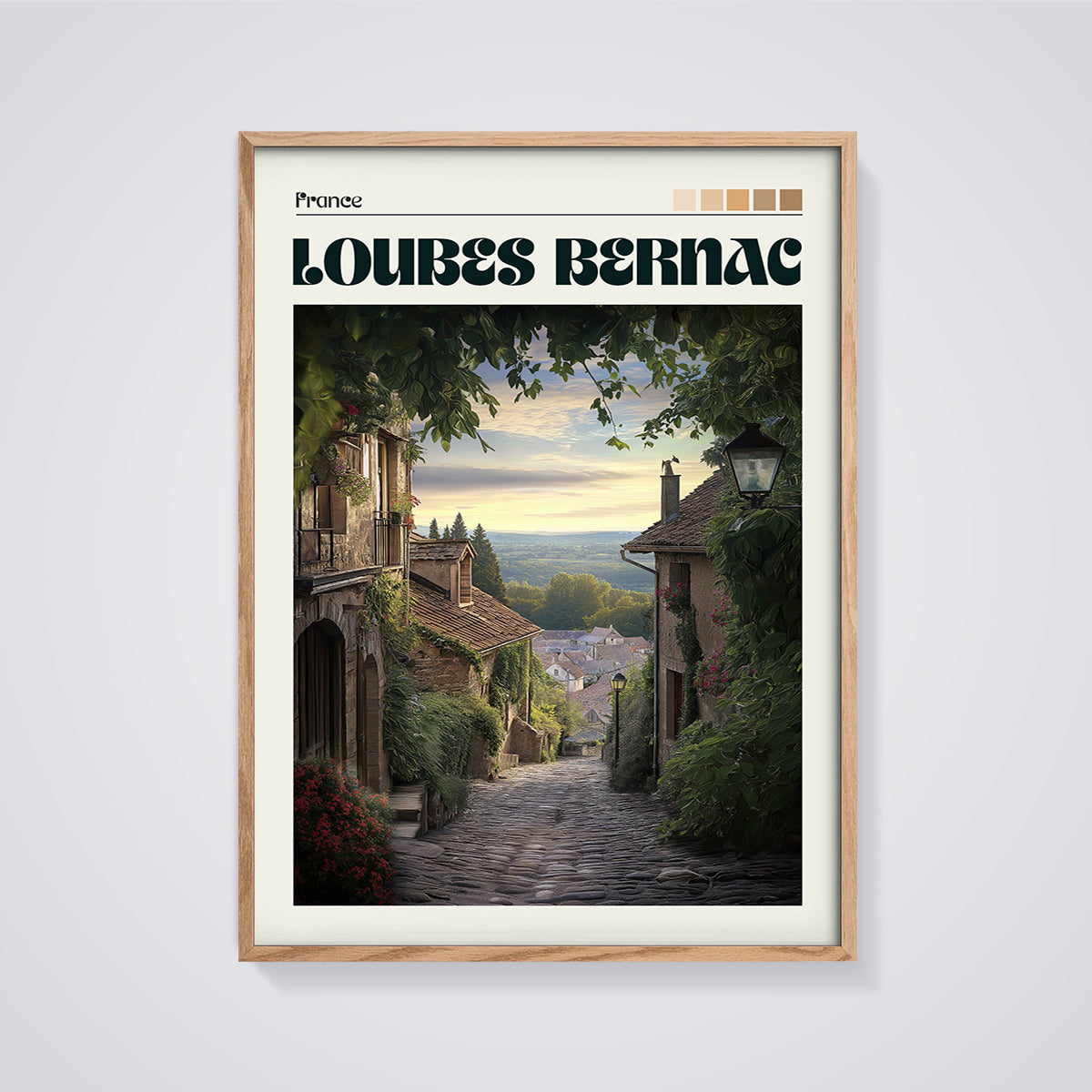 Loubes Bernac France Village Print framed in oak on a grey background