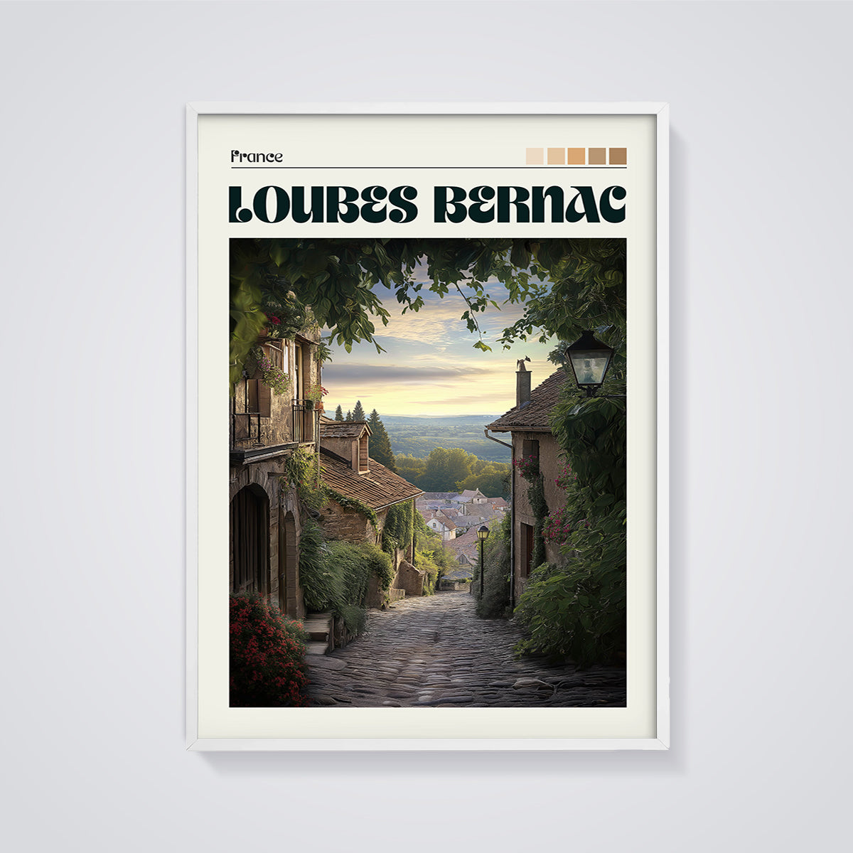 Loubes Bernac France Village Print framed in white on a grey background