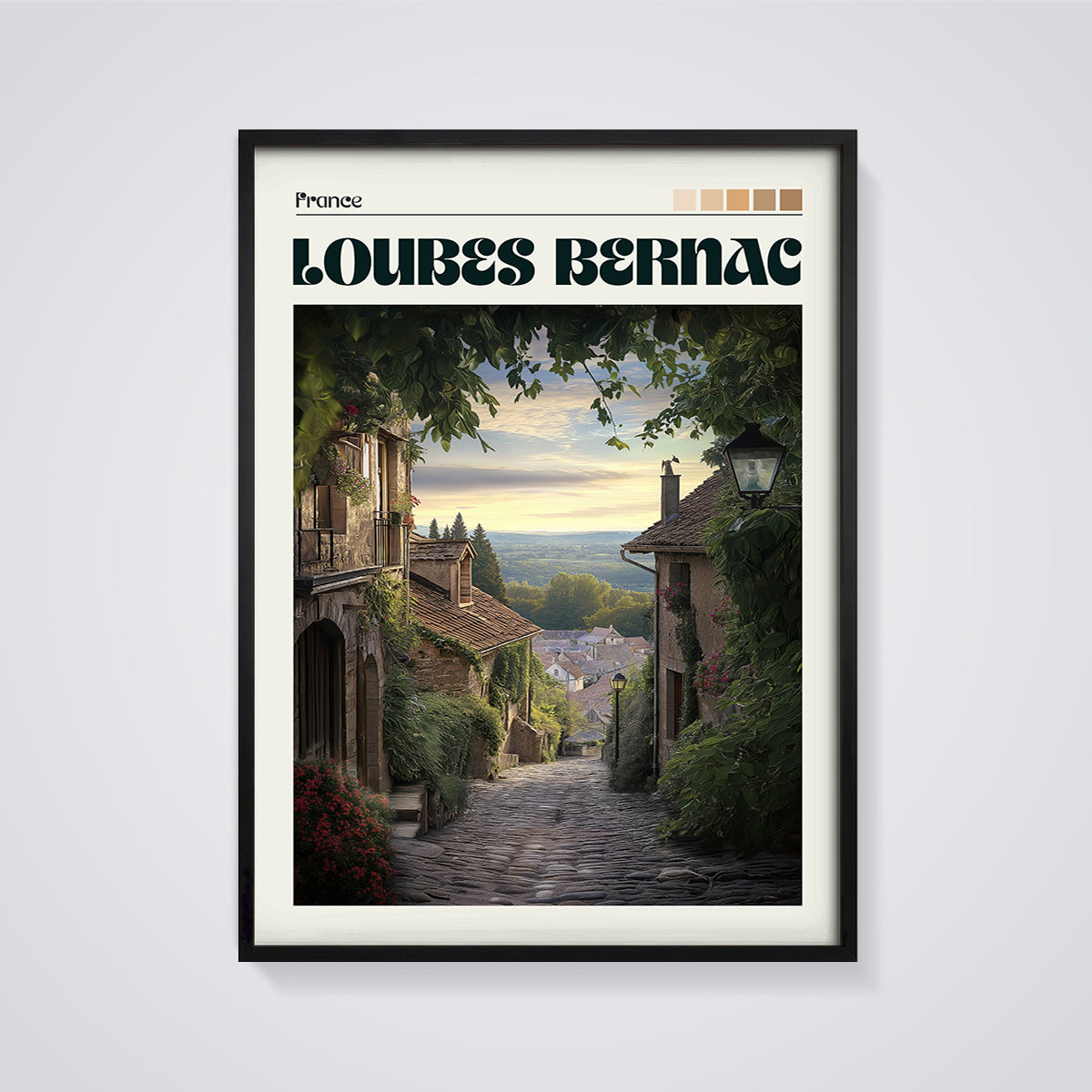 Loubes Bernac France Village Print framed in black on a grey background