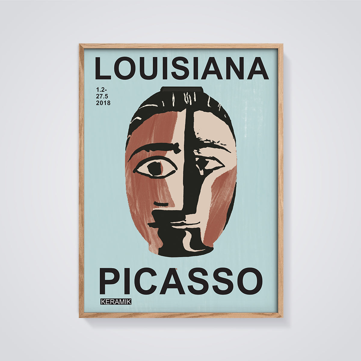 Louisiana Picasso Keramik Face Print framed in oak on a grey background