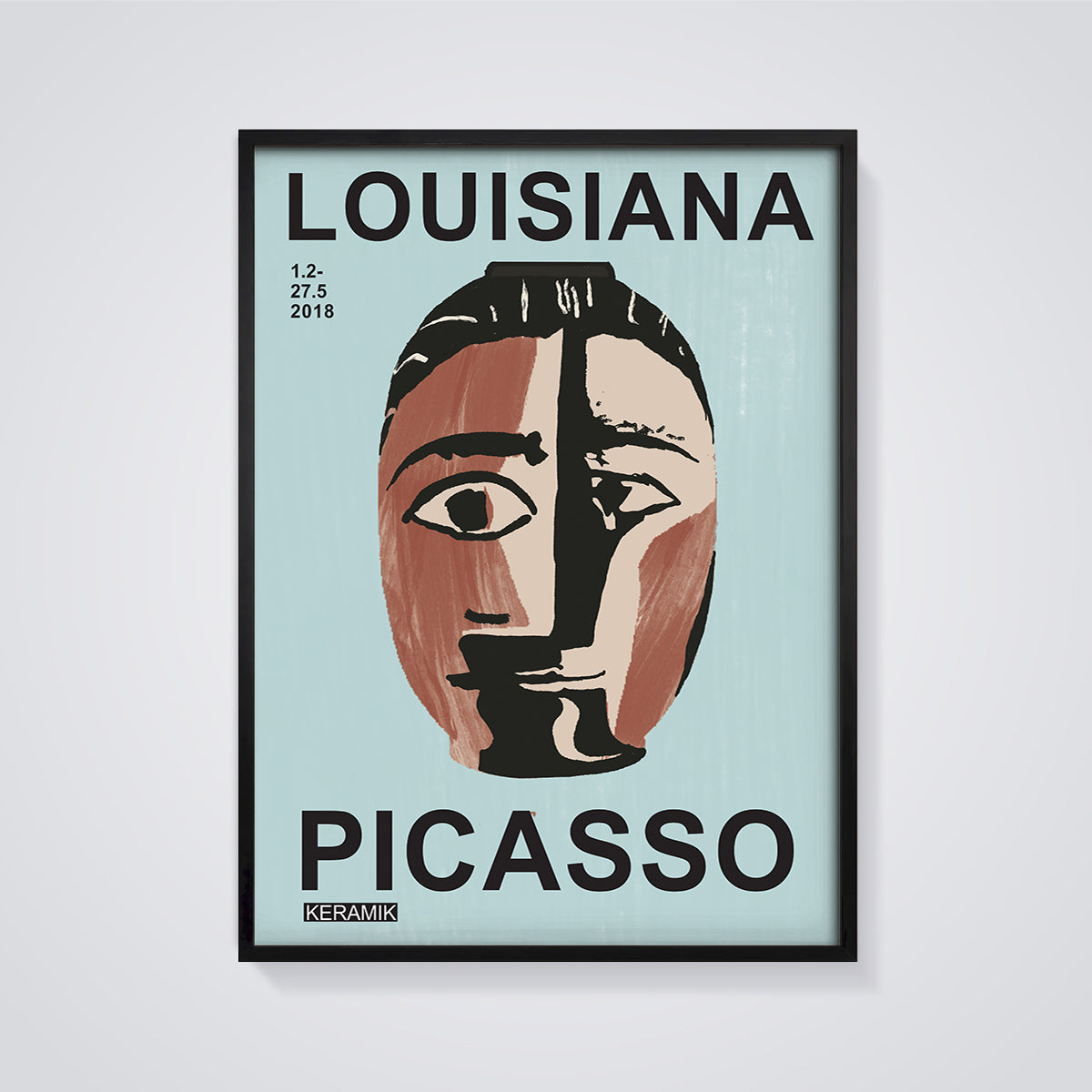 Louisiana Picasso Keramik Face Print framed in black on a grey background