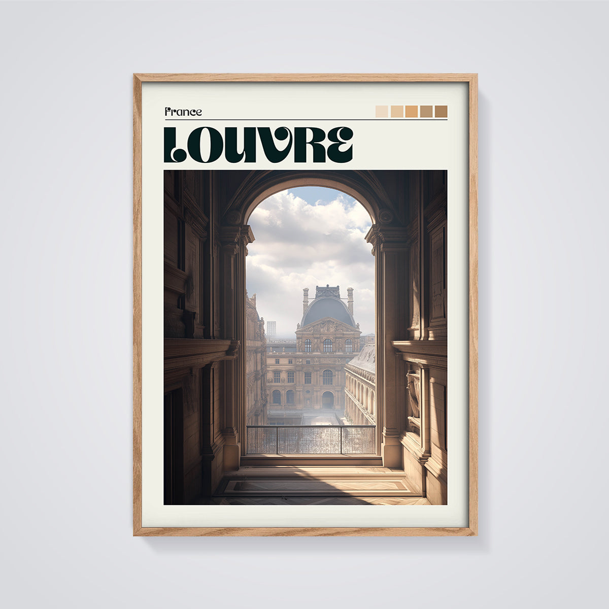 Louvre Archway View Print framed in oak on a grey background