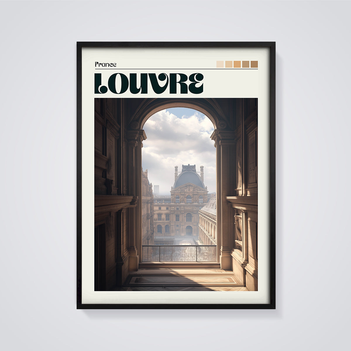 Louvre Archway View Print framed in black on a grey background