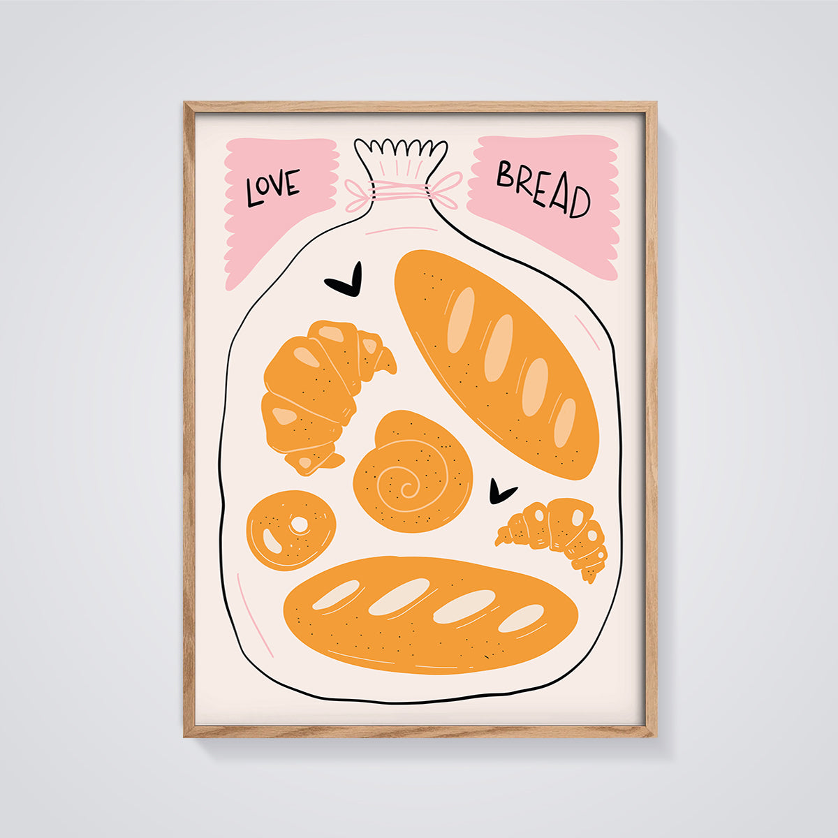 Love Bread Bakery Bag Print framed in oak on a grey background