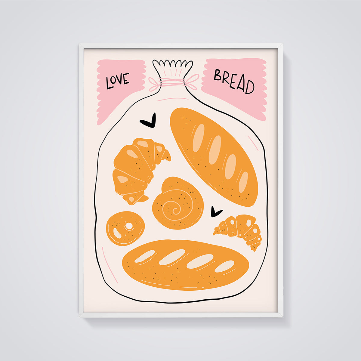 Love Bread Bakery Bag Print framed in white on a grey background