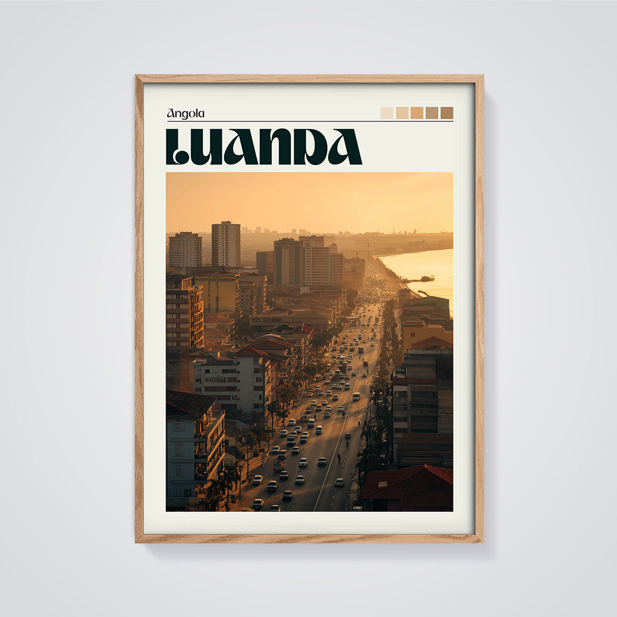 Luanda Angola Sunset Cityscape Print framed in oak on a grey background