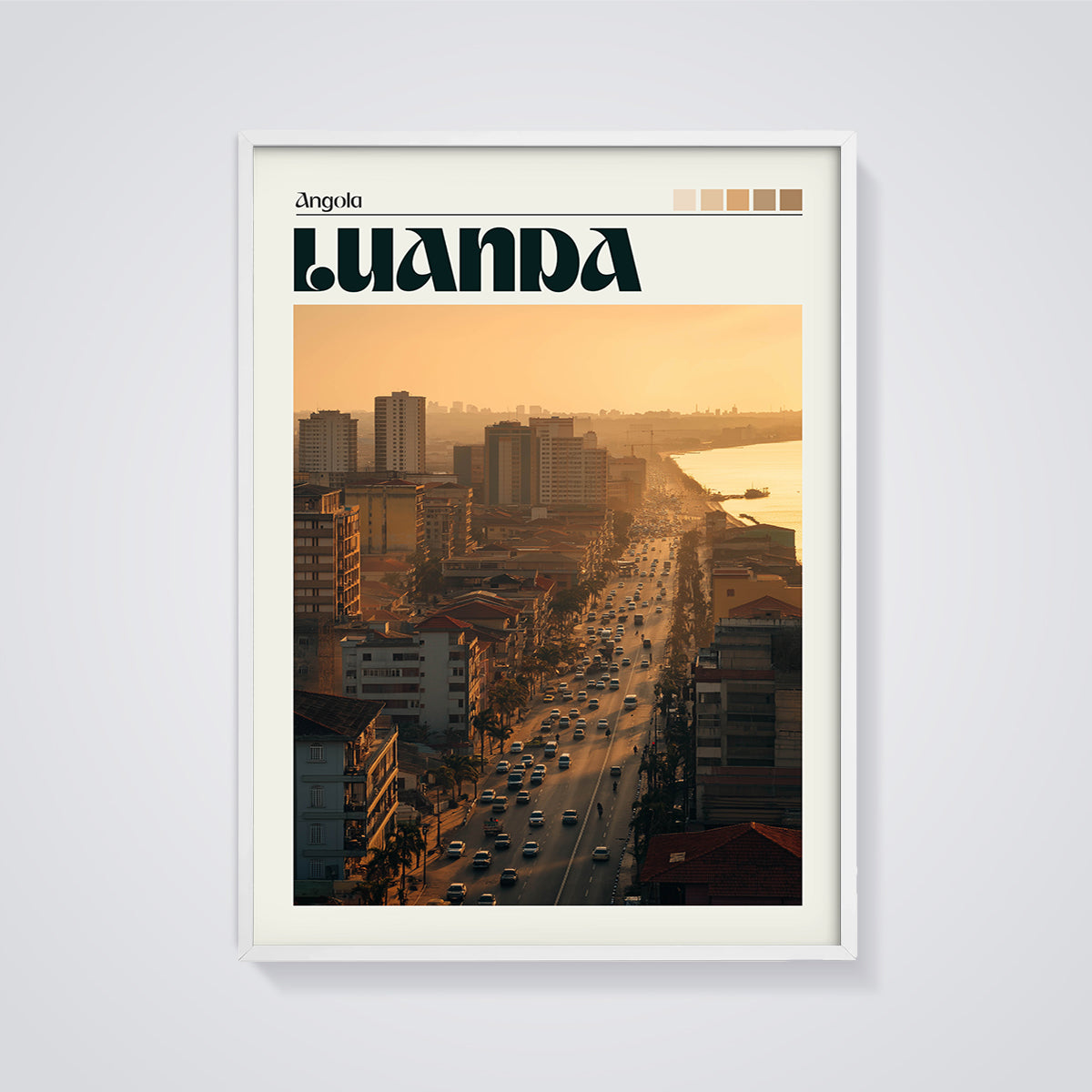 Luanda Angola Sunset Cityscape Print framed in white on a grey background