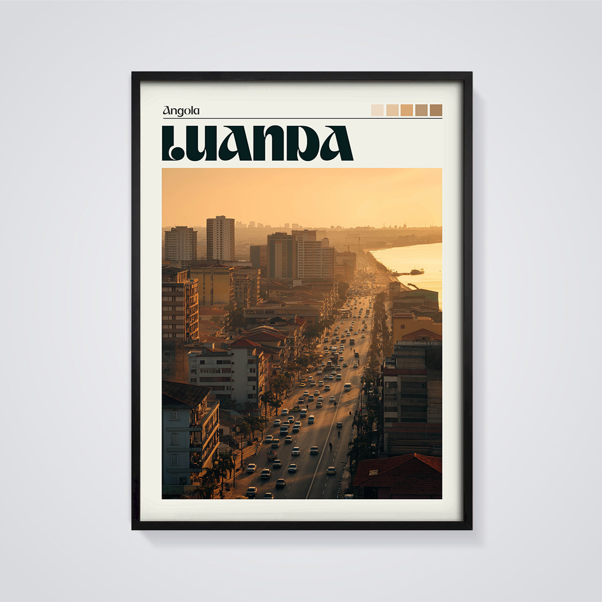 Luanda Angola Sunset Cityscape Print framed in black on a grey background
