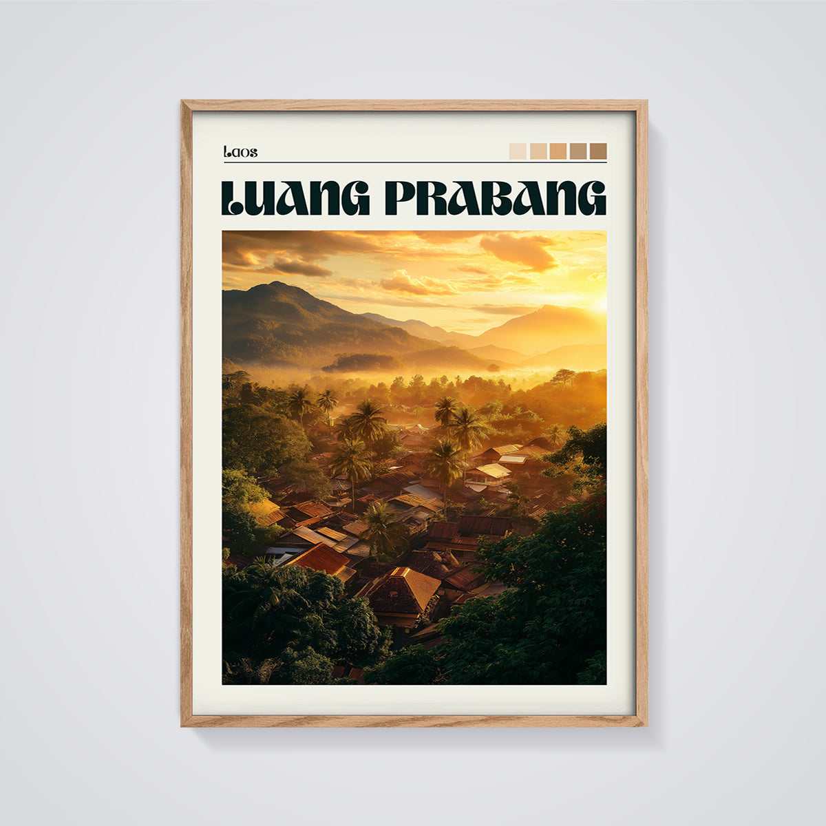 Luang Prabang Golden Hour Print framed in oak on a grey background