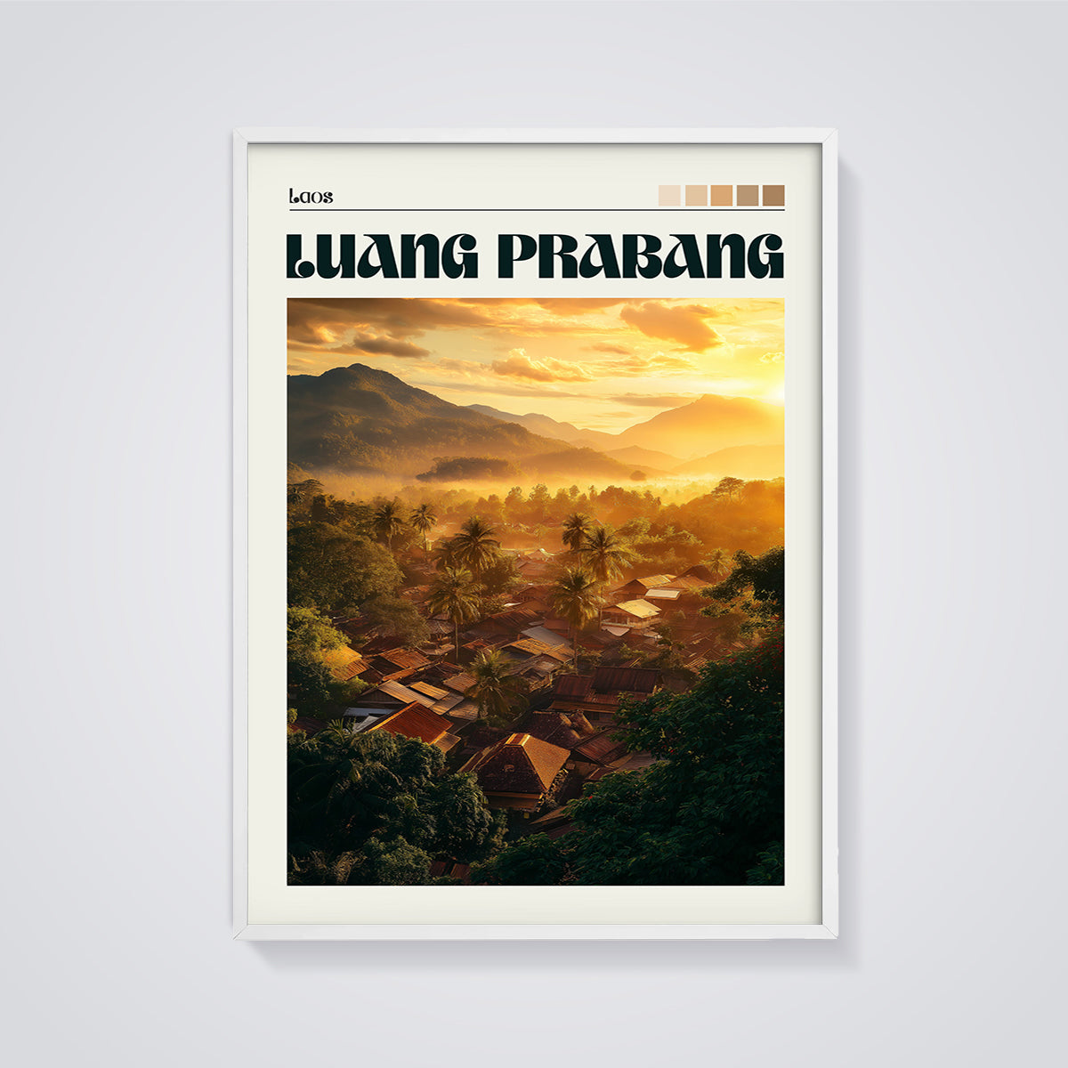 Luang Prabang Golden Hour Print framed in white on a grey background