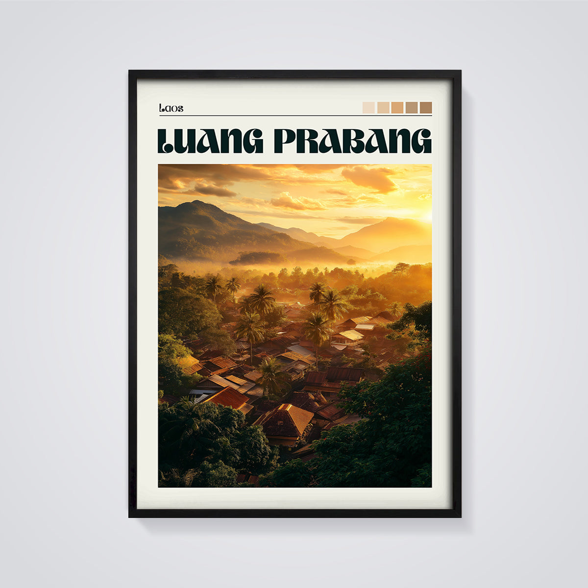 Luang Prabang Golden Hour Print framed in black on a grey background