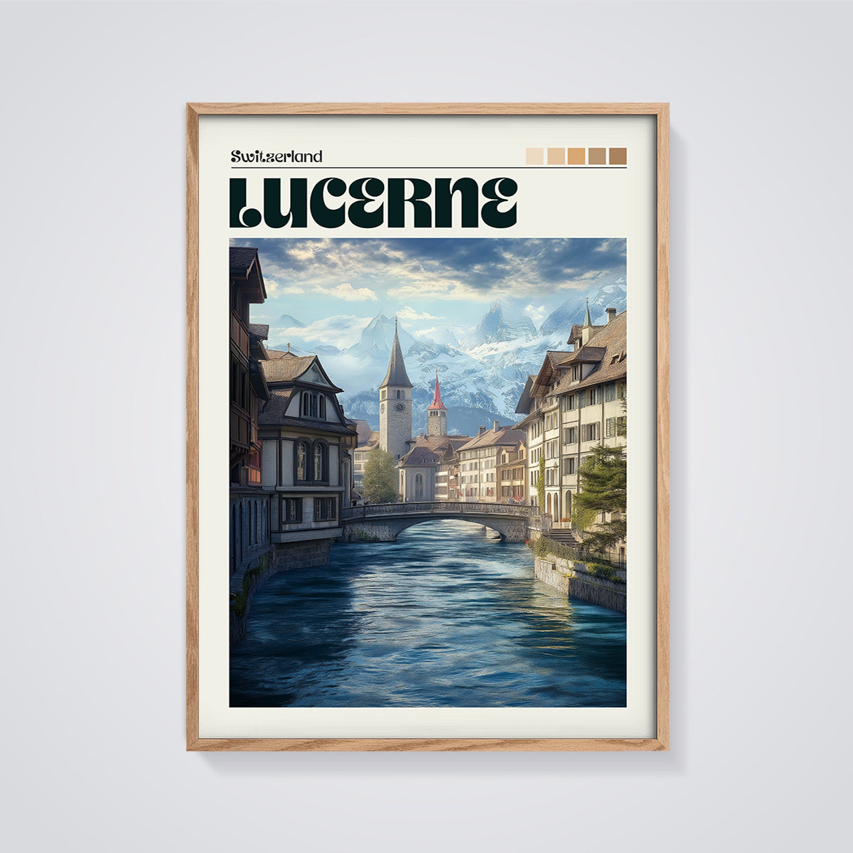 Lucerne Switzerland River City Print framed in oak on a grey background