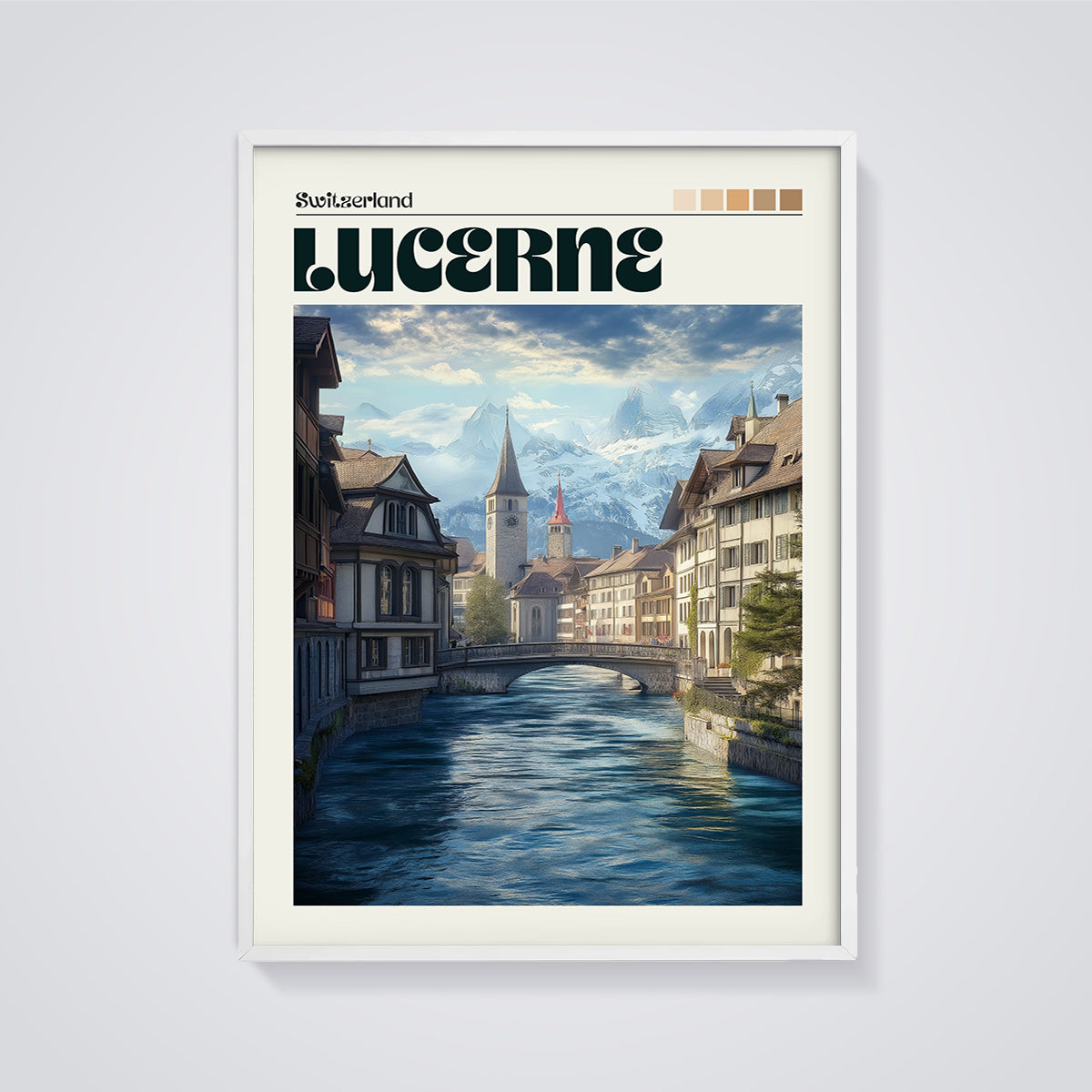 Lucerne Switzerland River City Print framed in white on a grey background