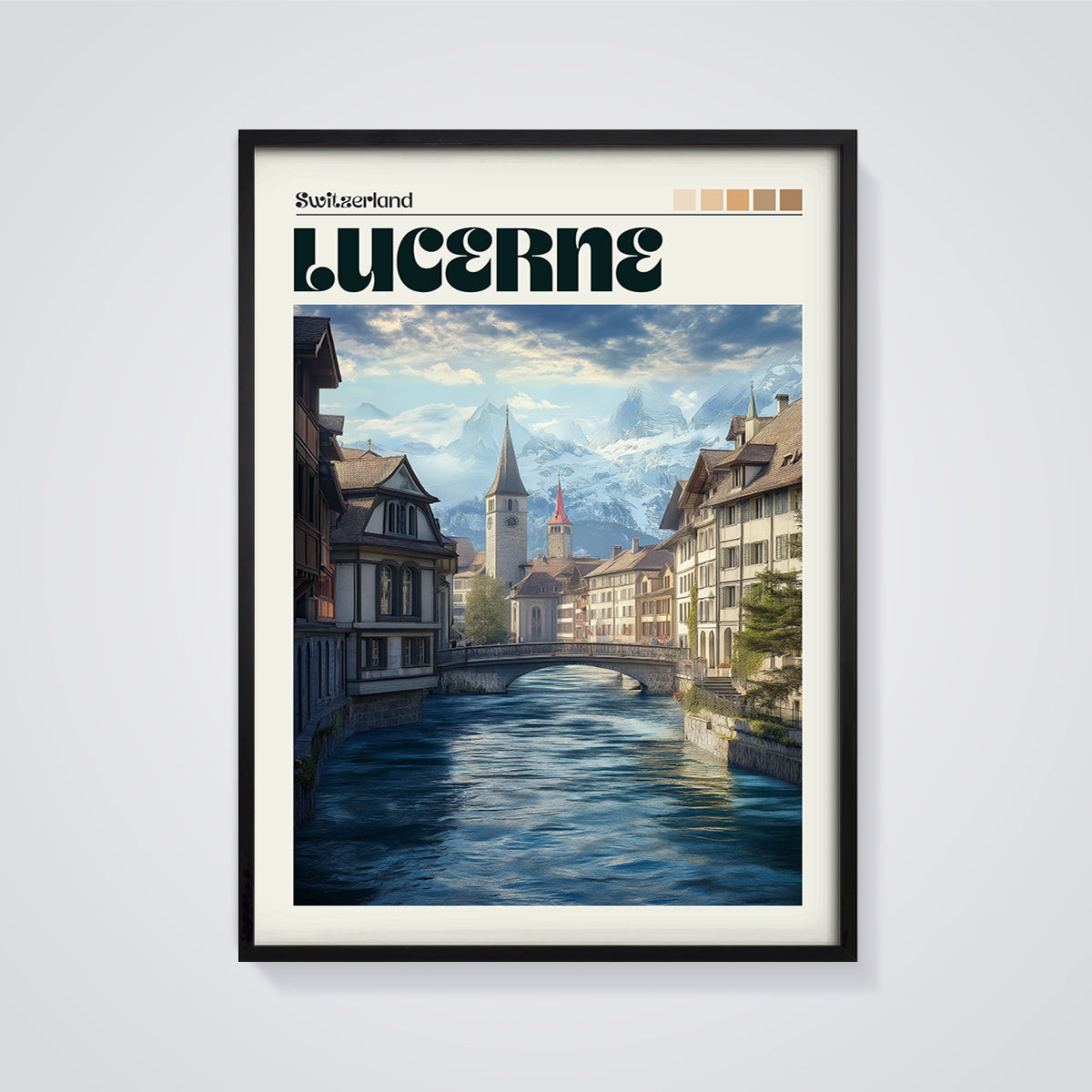 Lucerne Switzerland River City Print framed in black on a grey background