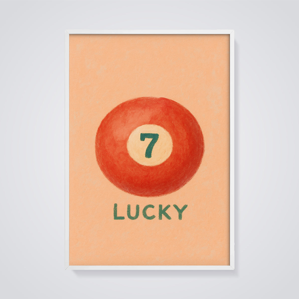Lucky 7 Billiard Ball Print framed in white on a grey background