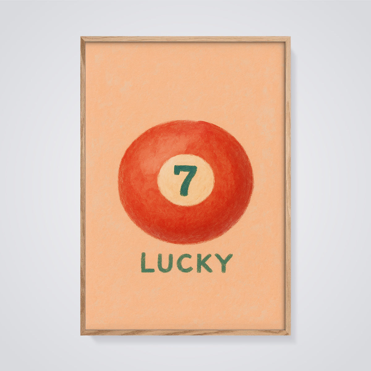 Lucky 7 Billiard Ball Print framed in oak on a grey background