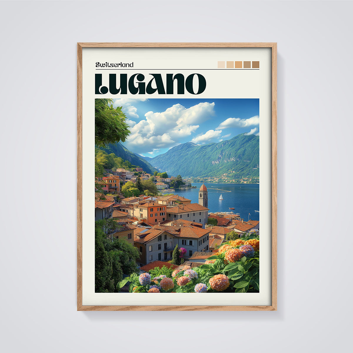 Lugano Switzerland Cityscape Print framed in oak on a grey background