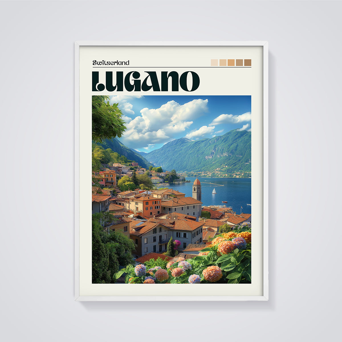 Lugano Switzerland Cityscape Print framed in white on a grey background