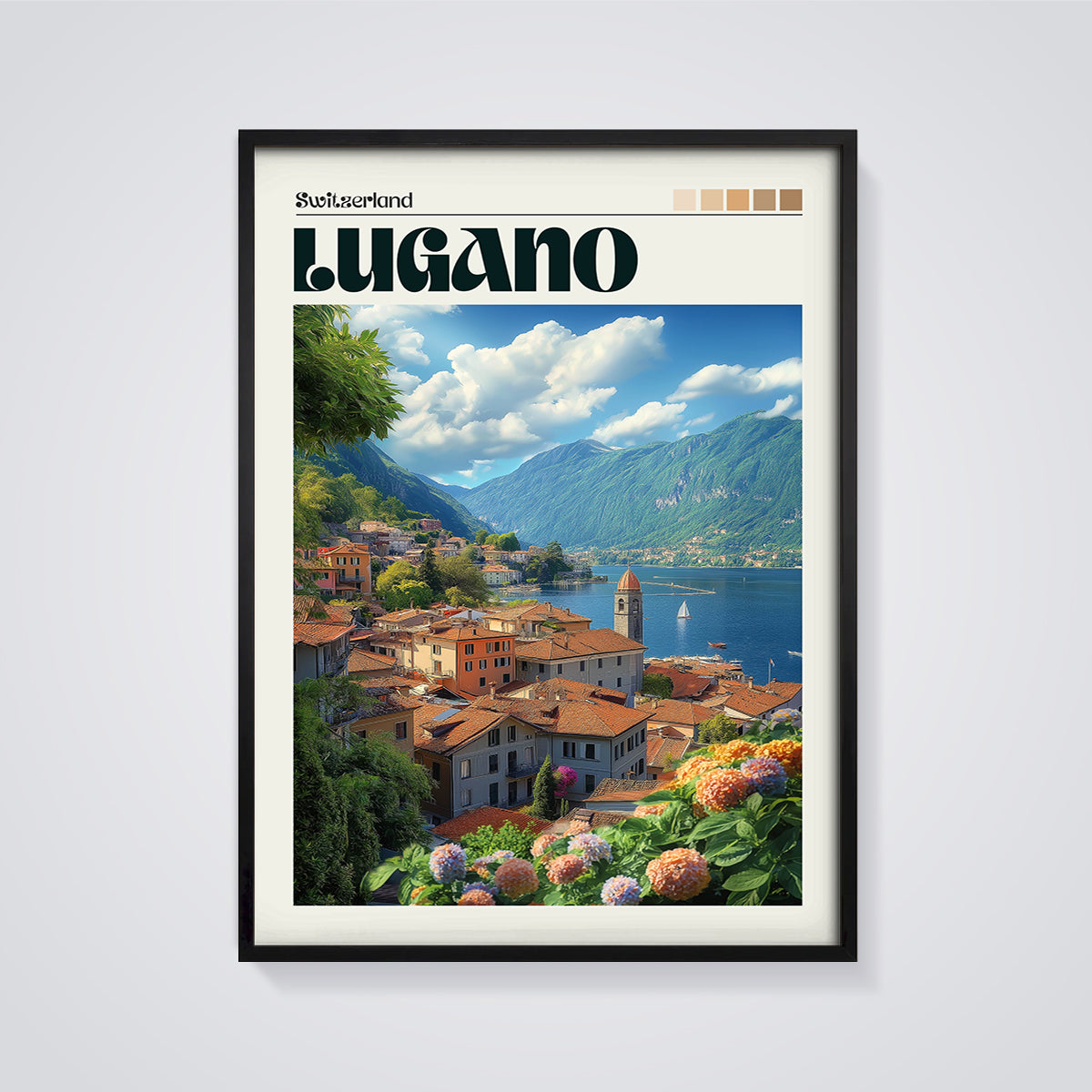 Lugano Switzerland Cityscape Print framed in black on a grey background