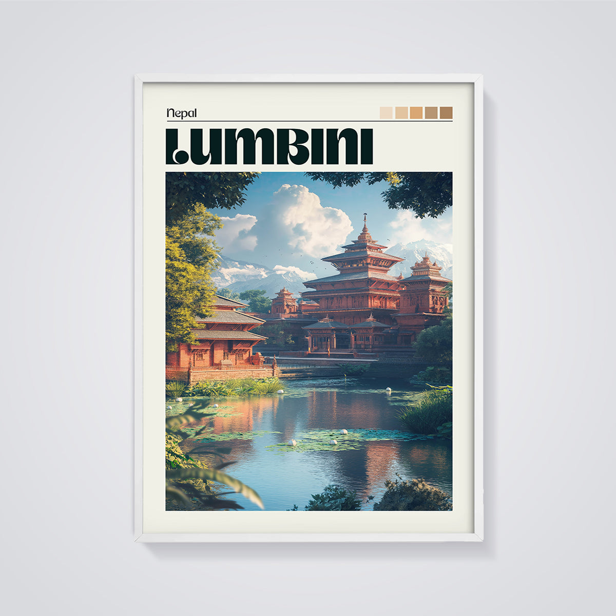 Lumbini Nepal Temple Print framed in white on a grey background
