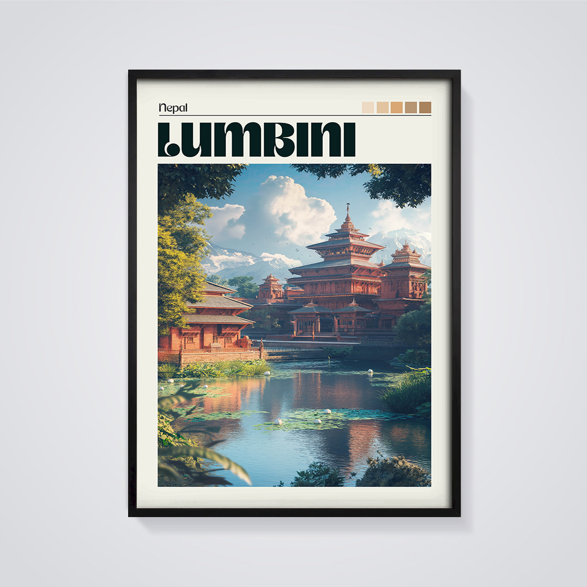 Lumbini Nepal Temple Print framed in black on a grey background