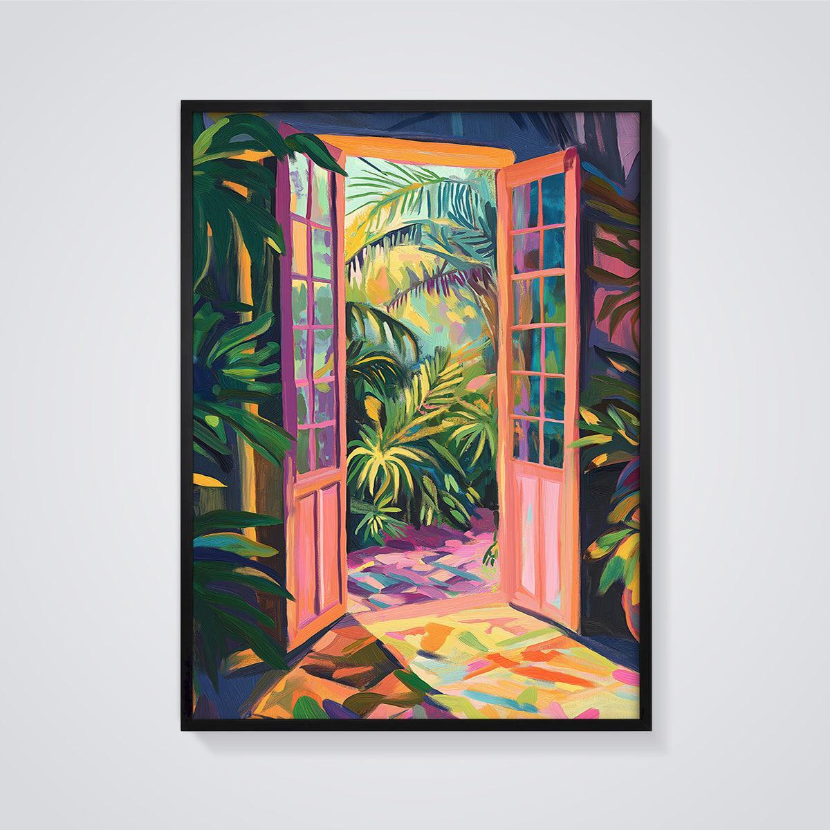 Lush Tropical Doorway Print framed in black on a grey background