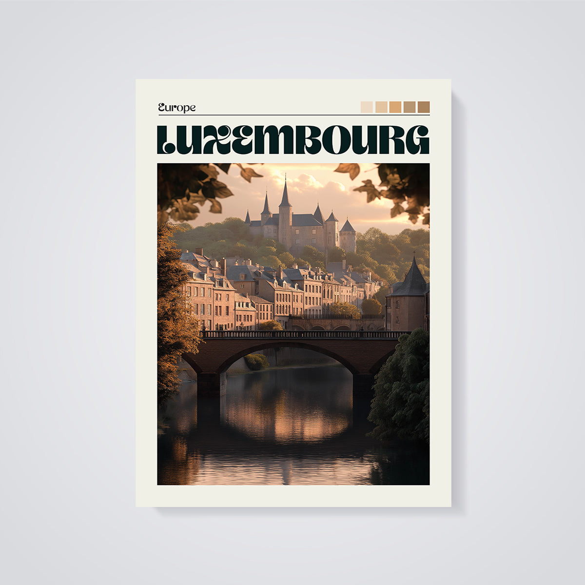 Luxembourg City Castle and River Print unframed on a grey background
