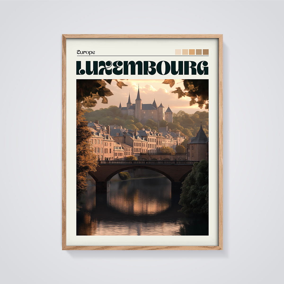 Luxembourg City Castle and River Print framed in oak on a grey background