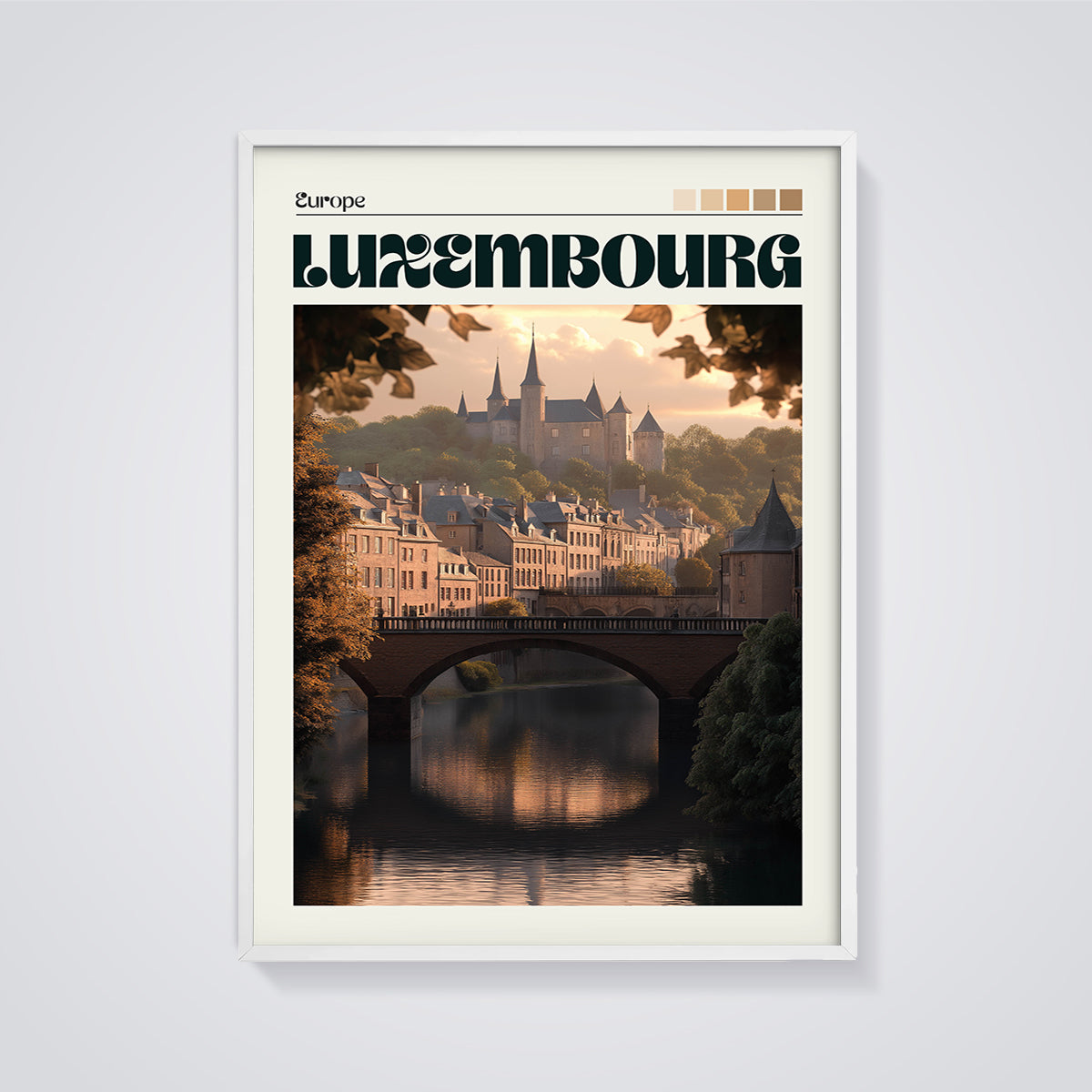 Luxembourg Cityscape Print framed in white on a grey background