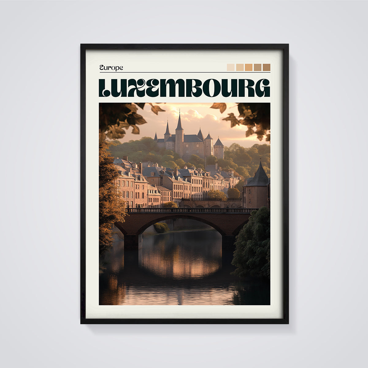 Luxembourg Cityscape Print framed in black on a grey background