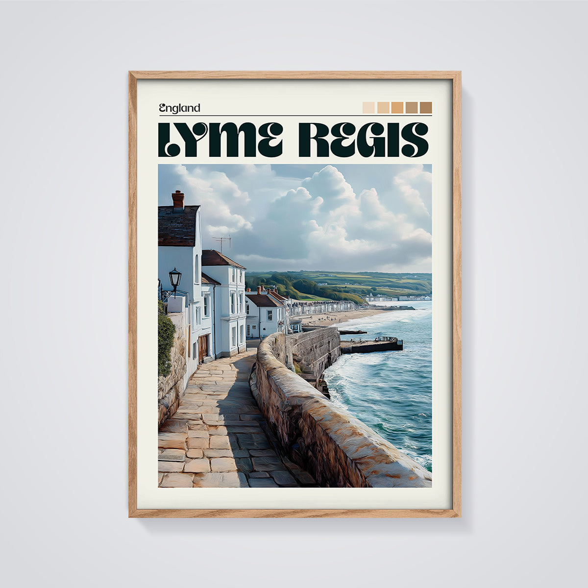 Lyme Regis England Print framed in oak on a grey background